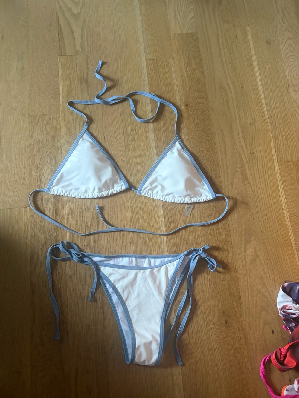 White Triangle Bikini with Light Blue Trim - Women Swim